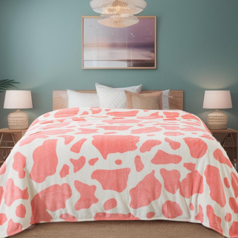 Richave Fleece Cow Print Blanket for All Season - Premium Lightweight Anti-Static Pink and Ivory Twin/Twin XL Size Extra Long Blankets Bedroom Decor 66"" x 90""(Pink Cow) - Image 1