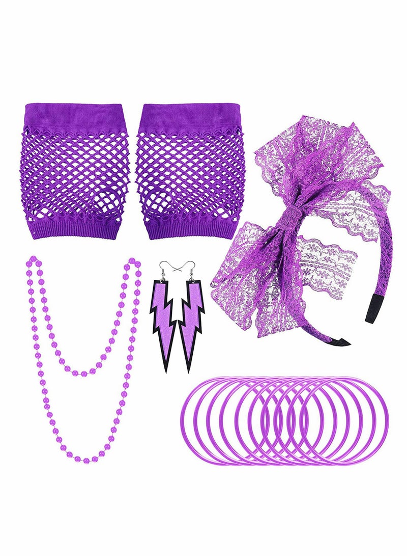 80s Retro Party Costume Accessories - Lace Headband, Earrings & Fishnet Gloves Set (Purple) - Image 1