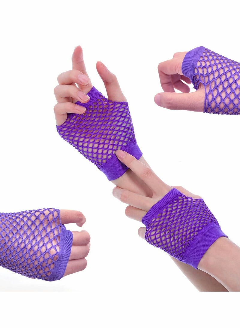 80s Retro Party Costume Accessories - Lace Headband, Earrings & Fishnet Gloves Set (Purple) - Image 5