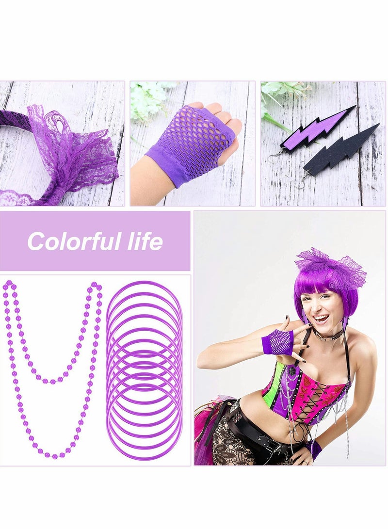 80s Retro Party Costume Accessories - Lace Headband, Earrings & Fishnet Gloves Set (Purple) - Image 4
