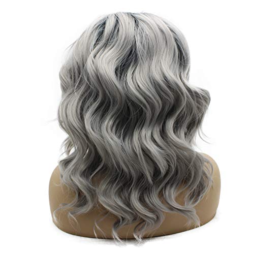 iwonawig Iewig Shoulder Length Wavy Dark Root Ombre Grey Lace Front Synthetic Party Wig - Image 2