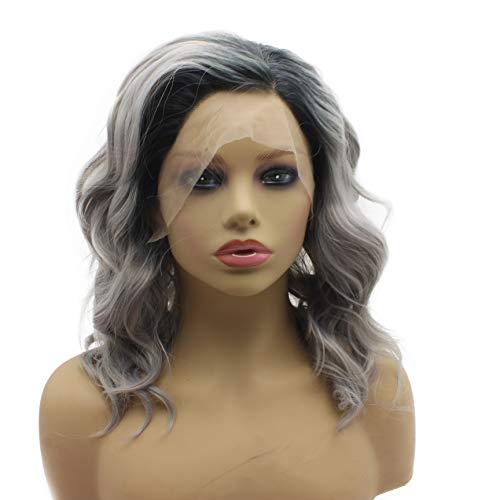 iwonawig Iewig Shoulder Length Wavy Dark Root Ombre Grey Lace Front Synthetic Party Wig - Image 1