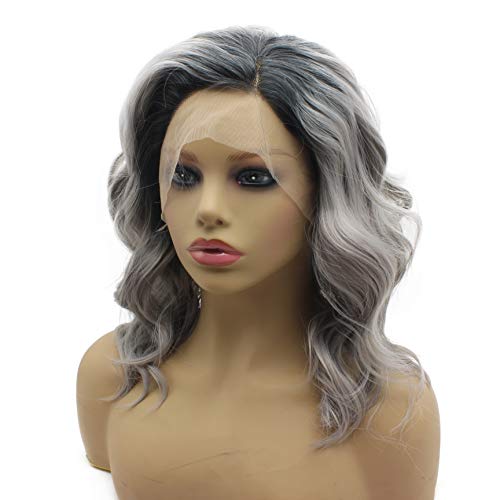 iwonawig Iewig Shoulder Length Wavy Dark Root Ombre Grey Lace Front Synthetic Party Wig - Image 4