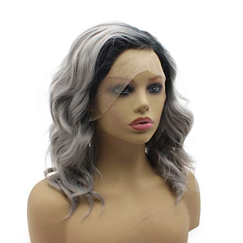 iwonawig Iewig Shoulder Length Wavy Dark Root Ombre Grey Lace Front Synthetic Party Wig - Image 3