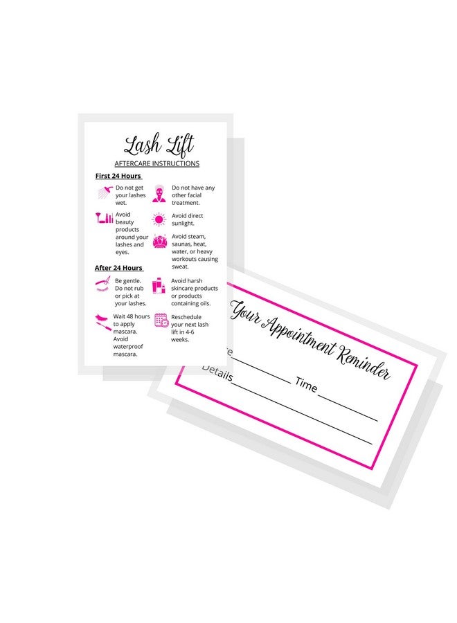 Boutique Marketing LLC Lash Lift Aftercare Instruction + Appointment Reminder Cards | 50 Pack | 2 X 3.5” Inches Business Card Size | Starter Eyelash Lift Kit At Home Diy Aftercare Supplies | White With Pink Icons Design - Image 1