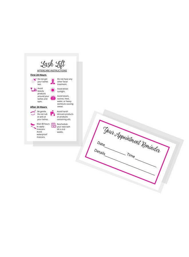 Boutique Marketing LLC Lash Lift Aftercare Instruction + Appointment Reminder Cards | 50 Pack | 2 X 3.5” Inches Business Card Size | Starter Eyelash Lift Kit At Home Diy Aftercare Supplies | White With Pink Icons Design - Image 2
