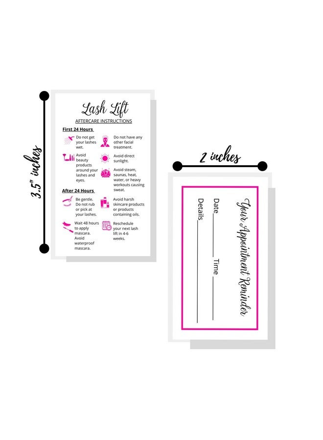 Boutique Marketing LLC Lash Lift Aftercare Instruction + Appointment Reminder Cards | 50 Pack | 2 X 3.5” Inches Business Card Size | Starter Eyelash Lift Kit At Home Diy Aftercare Supplies | White With Pink Icons Design - Image 4