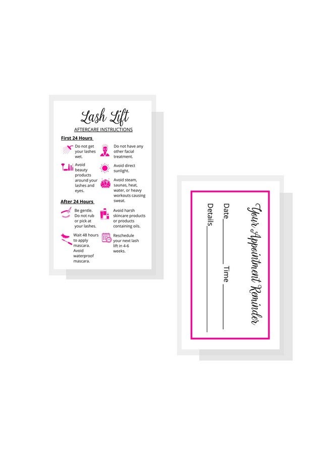 Boutique Marketing LLC Lash Lift Aftercare Instruction + Appointment Reminder Cards | 50 Pack | 2 X 3.5” Inches Business Card Size | Starter Eyelash Lift Kit At Home Diy Aftercare Supplies | White With Pink Icons Design - Image 3