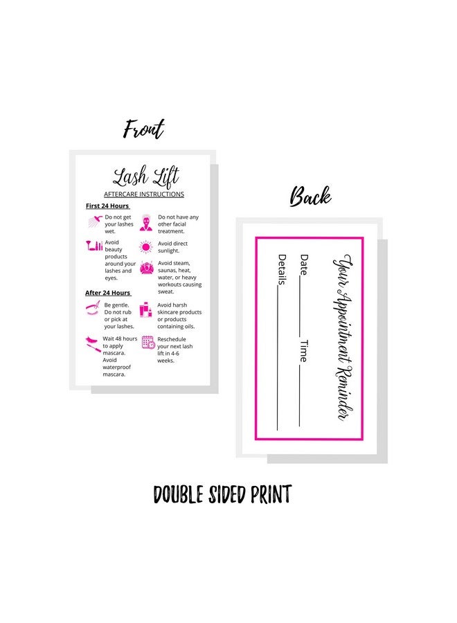 Boutique Marketing LLC Lash Lift Aftercare Instruction + Appointment Reminder Cards | 50 Pack | 2 X 3.5” Inches Business Card Size | Starter Eyelash Lift Kit At Home Diy Aftercare Supplies | White With Pink Icons Design - Image 5