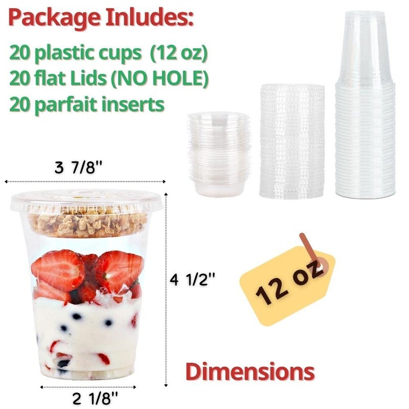 Aatriet 12 oz Clear Plastic Parfait Cups with Insert 3.25oz & Flat Lids No Hole - (20 Sets) Yogurt Fruit Parfait Cups for Kids, for Dips and Veggies, Take Away Breakfast and Snacks. No Leaking - Image 2