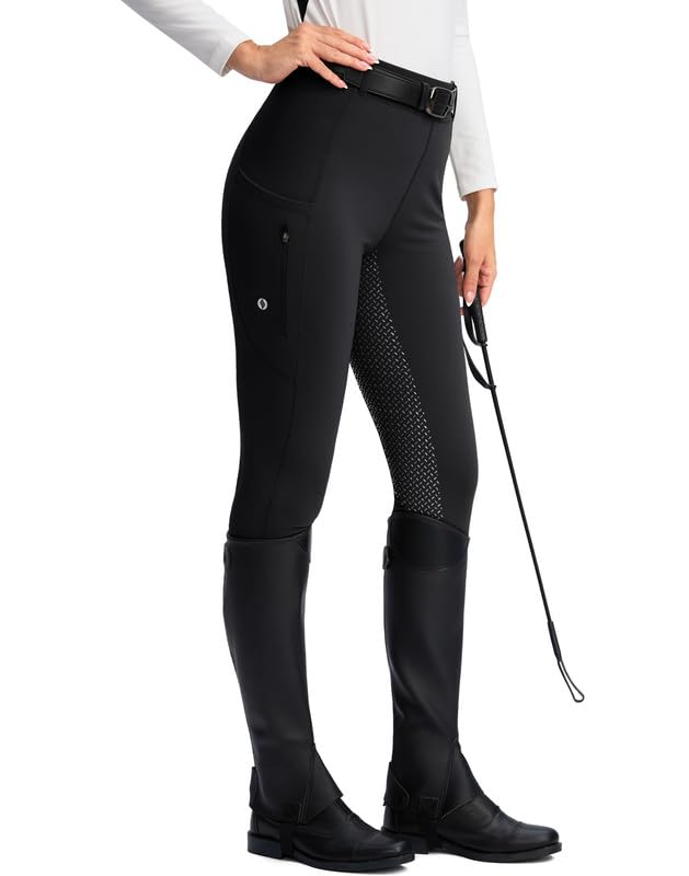 SANTINY Women's Horse Riding Pants Zipper Pockets Silicone Full-Seat Breeches Equestrian Schooling Tights for Women (Black_XS) - Image 1