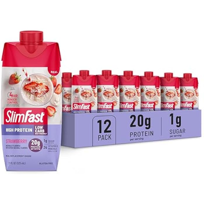 SlimFast Protein Shake, Strawberry- 20g Protein, Meal Replacement Shake Ready to Drink, High Protein with Low Carb and Low Sugar, 24 Vitamins and Minerals, 12 Count (Pack of 1) (Packaging May Vary) - Image 1