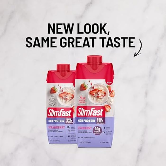 SlimFast Protein Shake, Strawberry- 20g Protein, Meal Replacement Shake Ready to Drink, High Protein with Low Carb and Low Sugar, 24 Vitamins and Minerals, 12 Count (Pack of 1) (Packaging May Vary) - Image 2