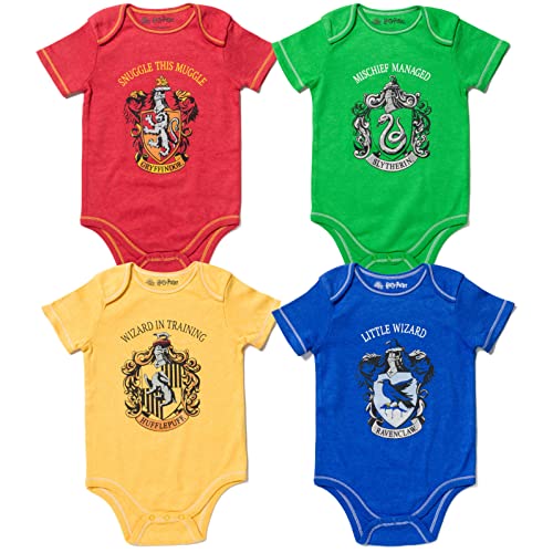 Harry Potter Gryffindor Hufflepuff Ravenclaw Slytherin Infant Baby Boys 4 Pack Bodysuits 12 Months - Image 1