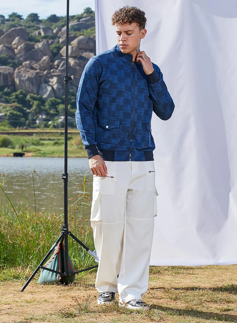 Campus Sutra Men's Blue Textured Jacket With Flap Pocket