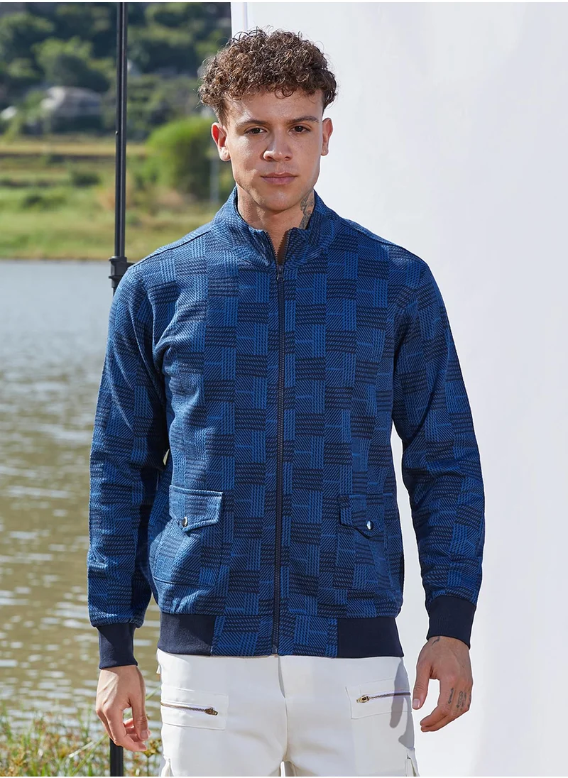 Campus Sutra Men's Blue Textured Jacket With Flap Pocket