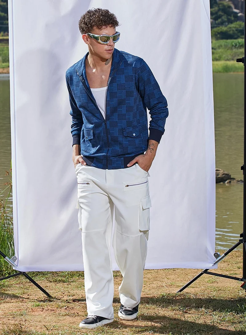 Campus Sutra Men's Blue Textured Jacket With Flap Pocket