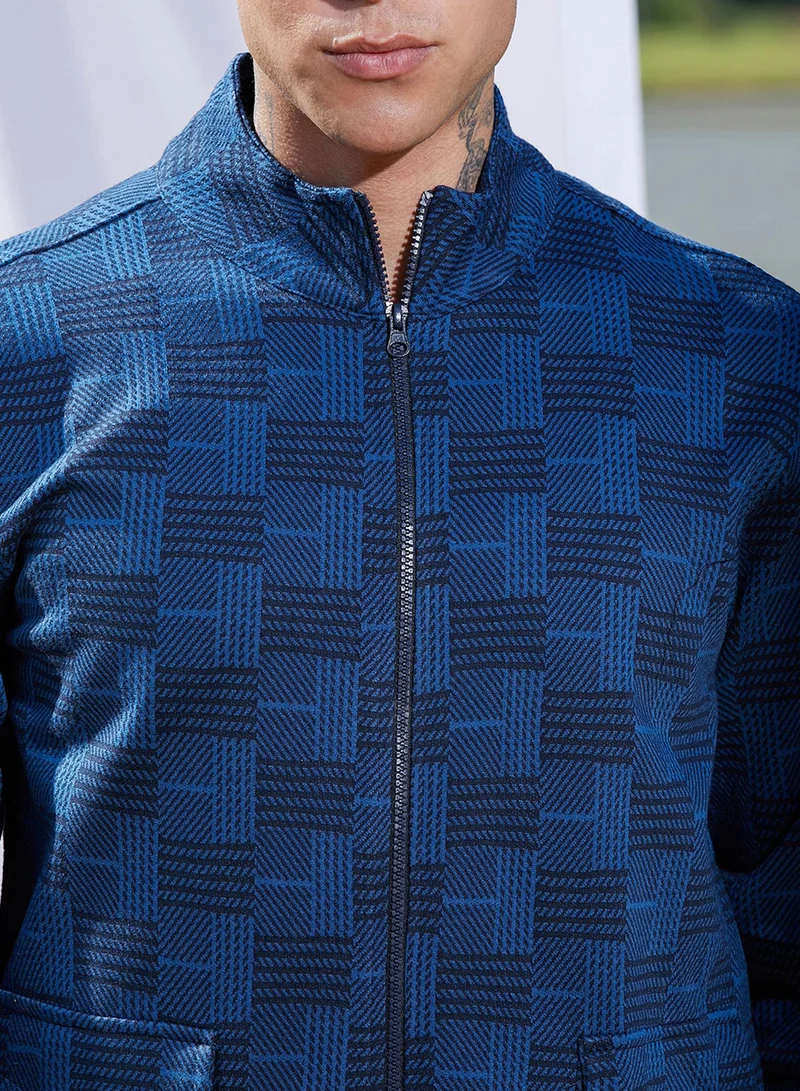 Campus Sutra Men's Blue Textured Jacket With Flap Pocket