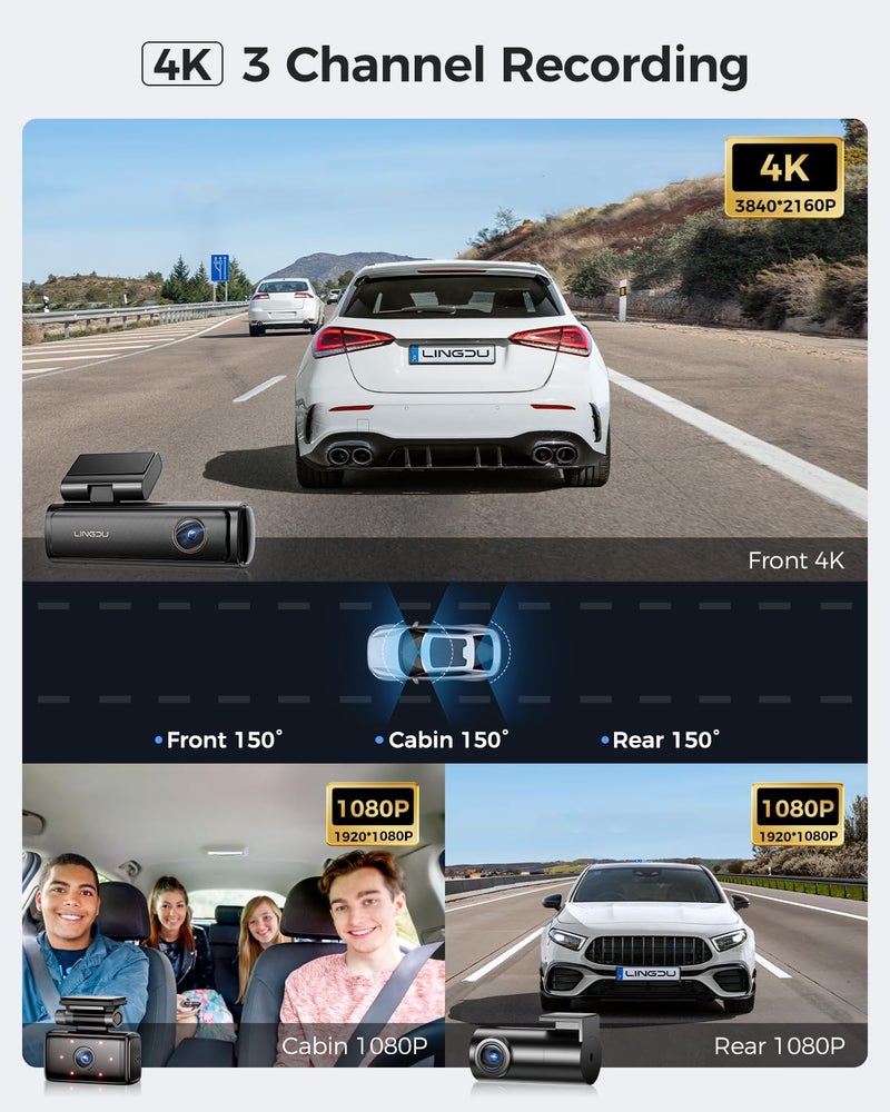 LINGDU AM100 5GHz WiFi 3 Channel Dash Cam, 4K Dual Front and Rear Dash Cam for Car with 64GB SD Card, Voice Control G-Sensor, 24H Parking Mode Night Vision, Built-in GPS Max Up Support 256GB - Image 3