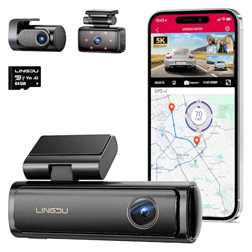 LINGDU AM100 5GHz WiFi 3 Channel Dash Cam, 4K Dual Front and Rear Dash Cam for Car with 64GB SD Card, Voice Control G-Sensor, 24H Parking Mode Night Vision, Built-in GPS Max Up Support 256GB - Image 1