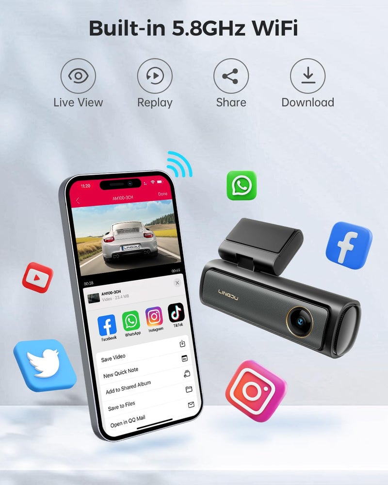 LINGDU AM100 5GHz WiFi 3 Channel Dash Cam, 4K Dual Front and Rear Dash Cam for Car with 64GB SD Card, Voice Control G-Sensor, 24H Parking Mode Night Vision, Built-in GPS Max Up Support 256GB - Image 2