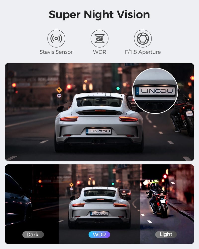 LINGDU AM100 5GHz WiFi 3 Channel Dash Cam, 4K Dual Front and Rear Dash Cam for Car with 64GB SD Card, Voice Control G-Sensor, 24H Parking Mode Night Vision, Built-in GPS Max Up Support 256GB - Image 5