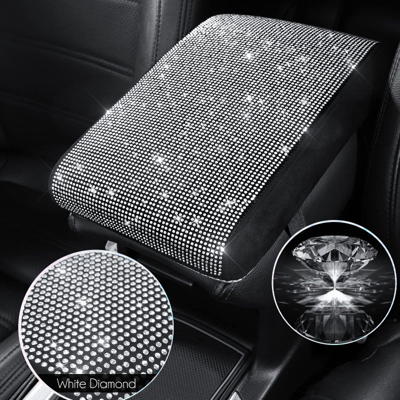 SEG Direct Diamond Auto Center Console Cover, Bling Car Armrest Cover, Memory Foam Armrest Cushion Pad with Crystal Rhinestones, Universal Seat Box Cover, White Diamond - Image 2