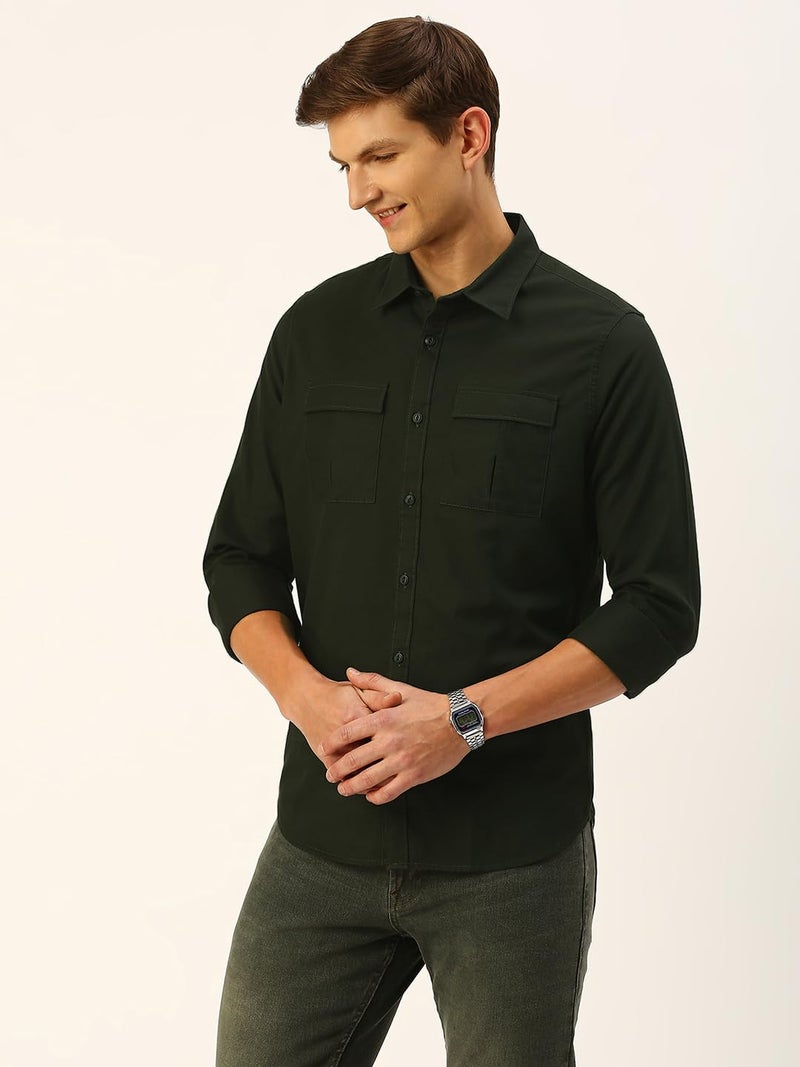 Thomas Scott Mens | Full Sleeve | Solid | Double Pockets | Slim Fit | 100% Cotton | Spread Collar | Casual | Shirt (BGreen_M) - Image 2