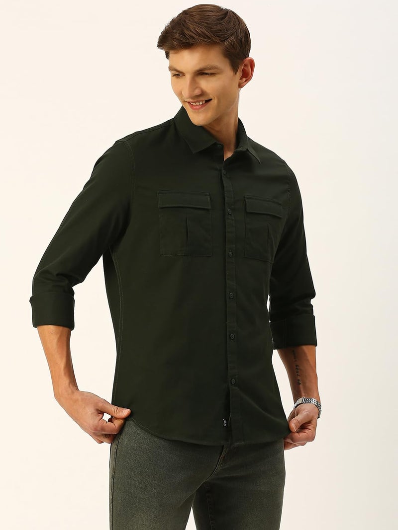 Thomas Scott Mens | Full Sleeve | Solid | Double Pockets | Slim Fit | 100% Cotton | Spread Collar | Casual | Shirt (BGreen_M) - Image 3