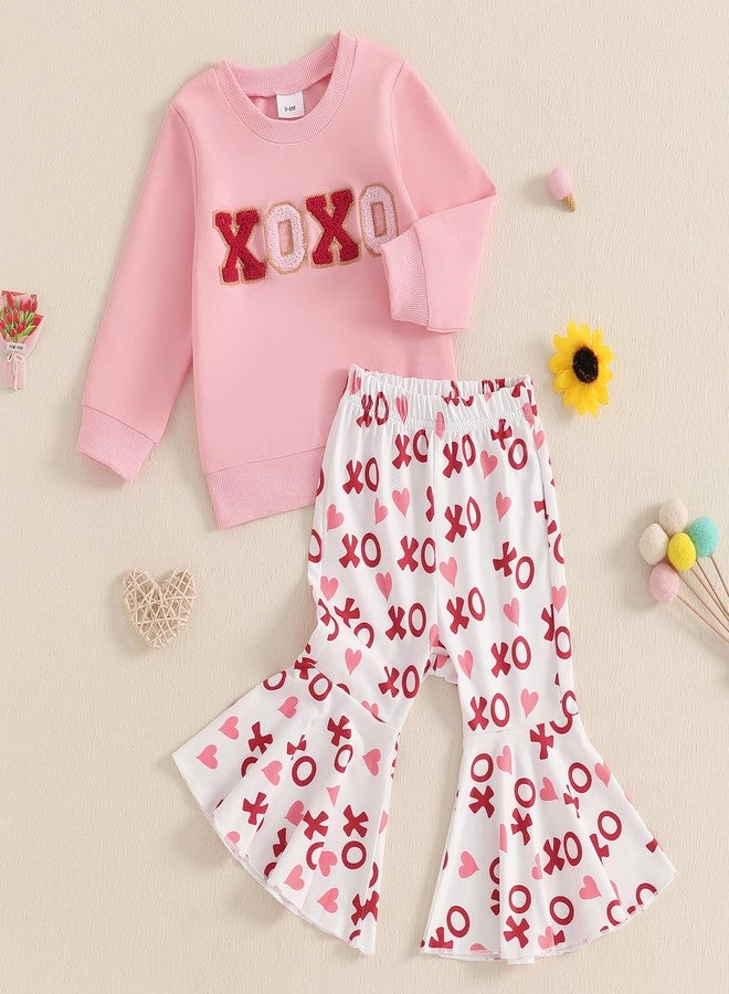 DNOMAID YZARC Toddler Baby Girl Valentines Day Outfit Letter Embroidery Crewneck Sweatshirt Top Heart Flare Pants Clothes Set (A-Pink, 2-3T) - Image 2