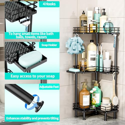 HapiRm Corner Shower Caddy Standing - 3 Tier Shower Organizer Corner with Soap Holder, Rustproof Bathroom Standing Organizer with 4 Hooks, Black - Image 2