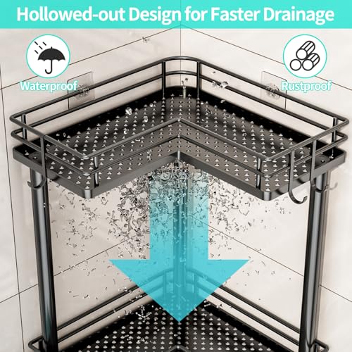 HapiRm Corner Shower Caddy Standing - 3 Tier Shower Organizer Corner with Soap Holder, Rustproof Bathroom Standing Organizer with 4 Hooks, Black - Image 3