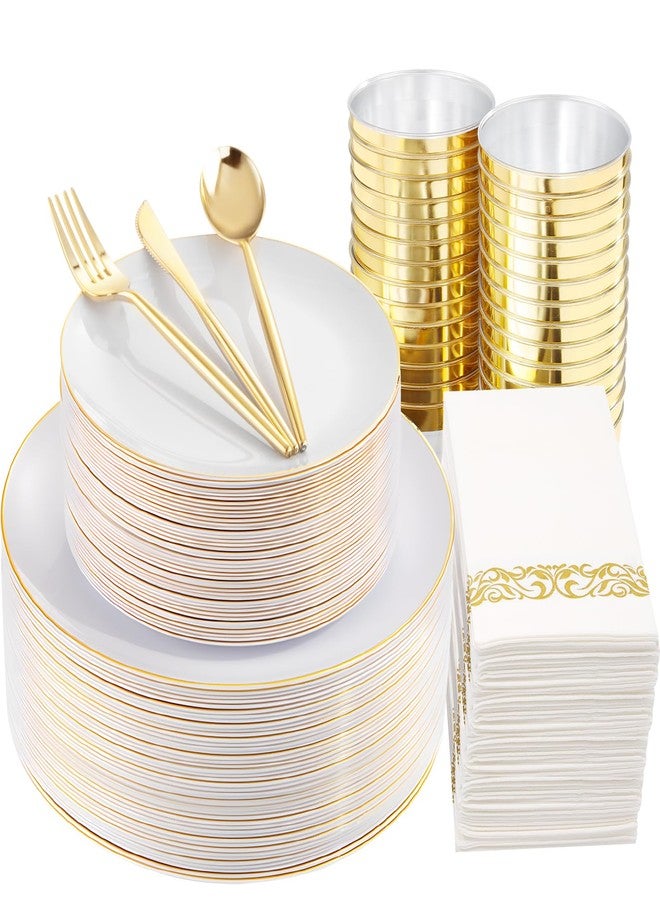 LUODA MirthMood 210Pcs Gold Dinnerware Sets, Gold and White Plastic Party Plates, Includes:30 Dinner Plates, 30 Dessert Plates, 30 Paper Towels with 90 Silverware & 30 9oz Cups - Image 1