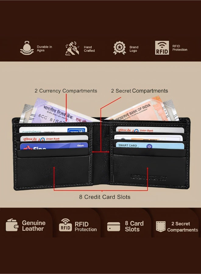 URBANFOREST URBAN FOREST George Black Leather Wallet for Men, 8 Card Slots, 2 Currency Compartments and 2 Secret Pockets, Stylish Bifold Wallet, Premium Gift - Image 2