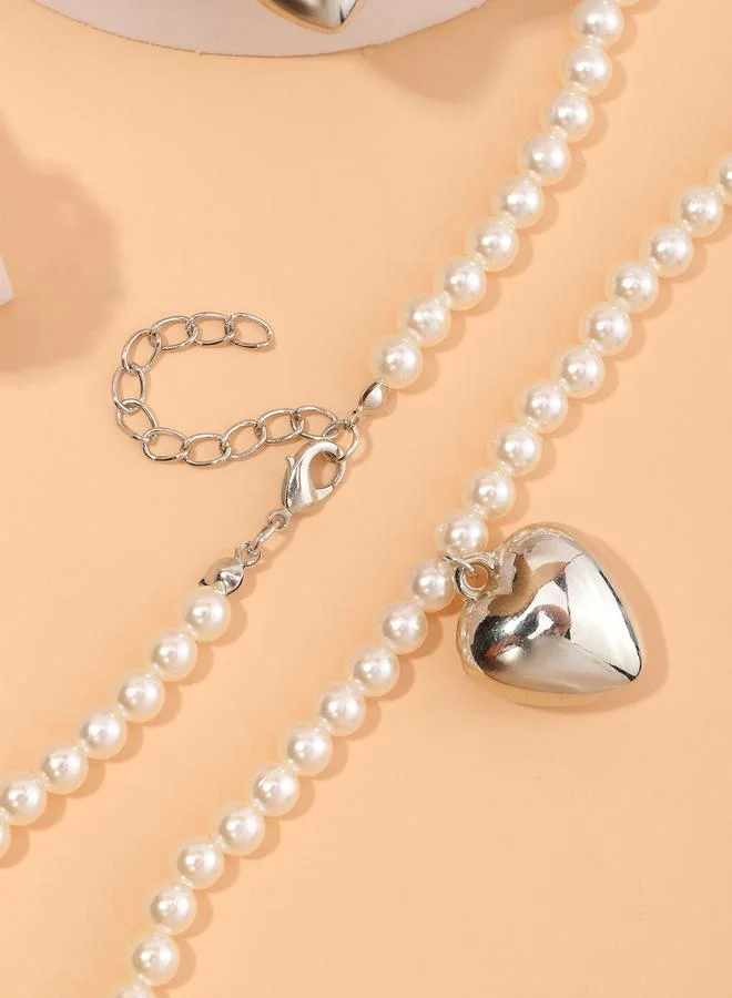 Girls Silver Tone Solid Heart Shaped Pearls Beaded Necklace, Bracelet and Ring set