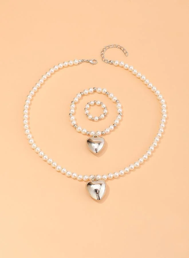 Take Two Girls Silver Tone Solid Heart Shaped Pearls Beaded Necklace, Bracelet and Ring set