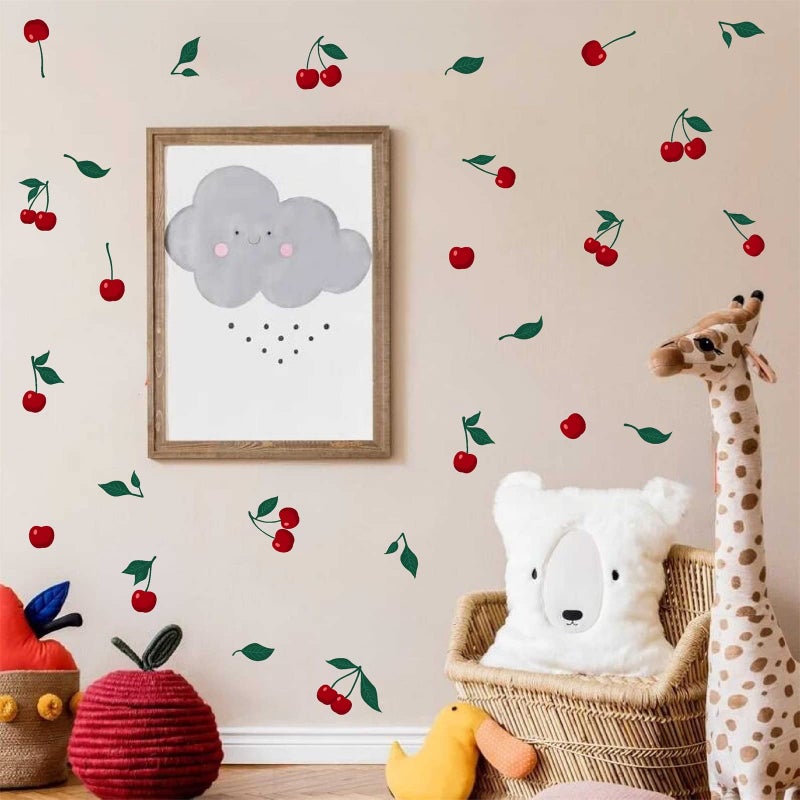 Cherry Peel and Stick Kitchen Wall Decals  Cherries  Green Leaf Wall Stickers for Living Room Bedroom  Nursery Decor