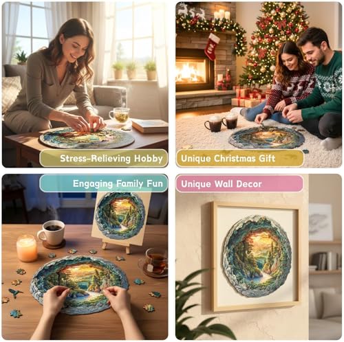 Jollitot Wooden Jigsaw Puzzles for Adults 200 Pieces Round 3D Effect Cave Forest Nature Landscape Unique Shape Wood Puzzle Christmas Holliday Birthday Gifts for Men Women Wall Art Decor 114in - Image 5