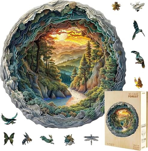 Jollitot Wooden Jigsaw Puzzles for Adults 200 Pieces Round 3D Effect Cave Forest Nature Landscape Unique Shape Wood Puzzle Christmas Holliday Birthday Gifts for Men Women Wall Art Decor 114in - Image 1