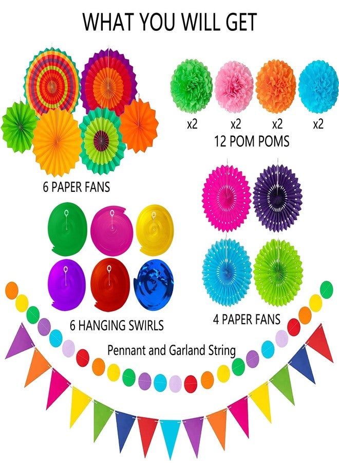 Labrostar 32Pcs Cinco De Mayo Decorations Fiesta Party Decorations Multi-Color Paper Fans Garlands Pennant Pom Poms Hanging Swirls For Birthday Wedding Rainbow Mexican Party - Image 3