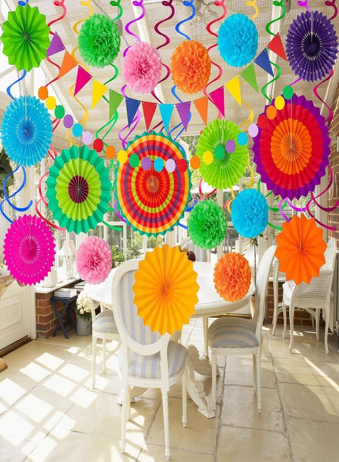 Labrostar 32Pcs Cinco De Mayo Decorations Fiesta Party Decorations Multi-Color Paper Fans Garlands Pennant Pom Poms Hanging Swirls For Birthday Wedding Rainbow Mexican Party - Image 2