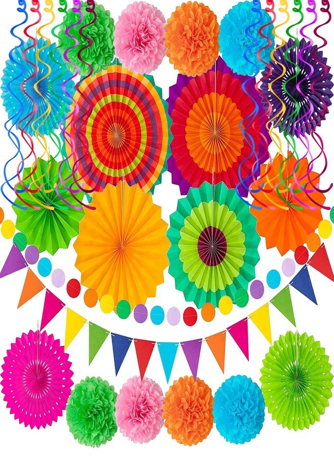 Labrostar 32Pcs Cinco De Mayo Decorations Fiesta Party Decorations Multi-Color Paper Fans Garlands Pennant Pom Poms Hanging Swirls For Birthday Wedding Rainbow Mexican Party - Image 1