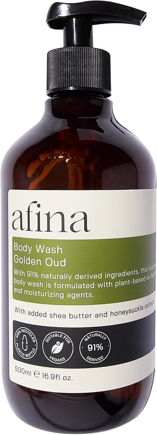 Afina Golden Oud Luxury Body Wash 500ml Shower Gel Bottle Sensual Blend of Spicy Creamy Floral Notes Backed With Warm Ambery Woody Undertones Vegan Friendly Body Wash UK Produced