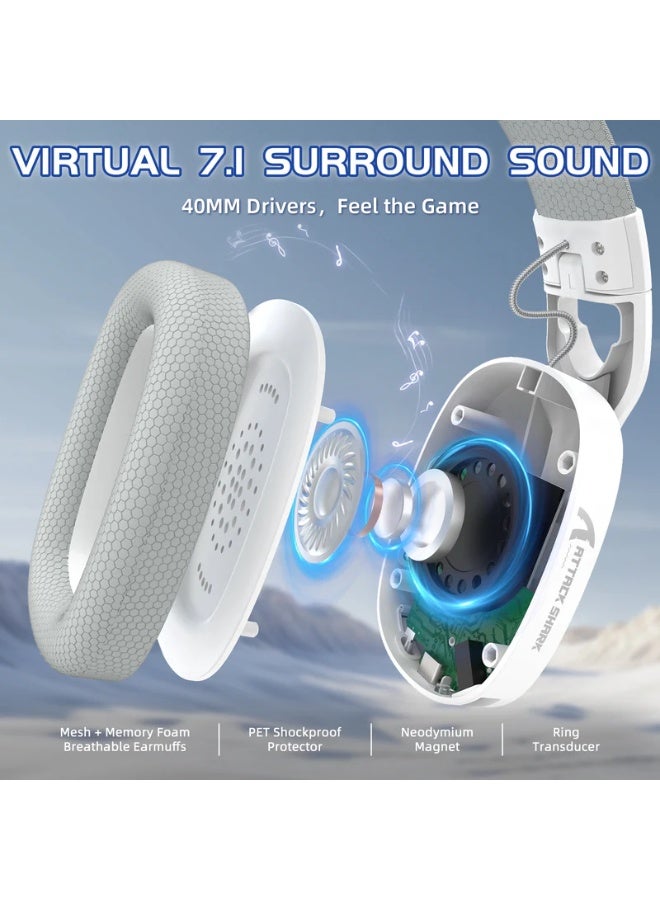 Attack Shark L90 Wireless Gaming Headset RGB, Tri-Mode 2.4G + Bluetooth 5.3 + Wired, 40mm Drivers, 7.1 Surround, Noise Cancelling Mic, 800mAh Battery, Lightweight 215g, PS5/PC/Switch Compatible | White - Image 3