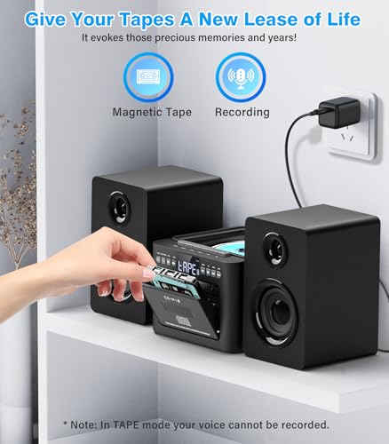 Greadio Stereo System for Home with Boombox CD and Cassette Player Combo, 40W Home Stereo System with Bluetooth, FM Radio/USB/TF/AUX/Remote Control, Detachable Wooden Bookshelf Speakers - Image 4