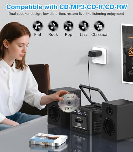 Greadio Stereo System for Home with Boombox CD and Cassette Player Combo, 40W Home Stereo System with Bluetooth, FM Radio/USB/TF/AUX/Remote Control, Detachable Wooden Bookshelf Speakers - Image 3