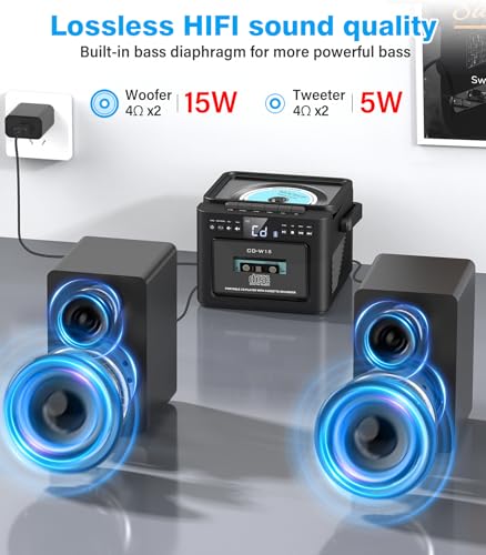Greadio Stereo System for Home with Boombox CD and Cassette Player Combo, 40W Home Stereo System with Bluetooth, FM Radio/USB/TF/AUX/Remote Control, Detachable Wooden Bookshelf Speakers - Image 2