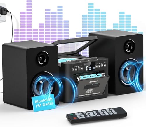 Greadio Stereo System for Home with Boombox CD and Cassette Player Combo, 40W Home Stereo System with Bluetooth, FM Radio/USB/TF/AUX/Remote Control, Detachable Wooden Bookshelf Speakers - Image 1