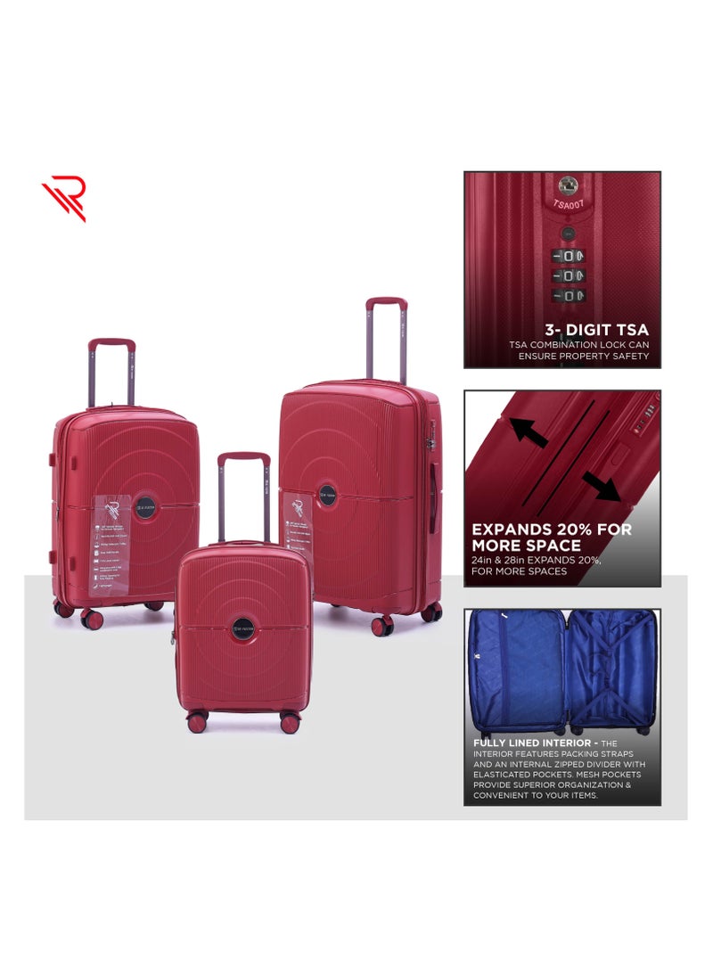 Reflection - REFLECTION High Quality PP Checked Suitcase Lightweight Hardshell Durable Expandable Vertical Series Travel Luggage Trolley with Double Spinner Wheels and TSA Lock Wine Red 24 - Image 1