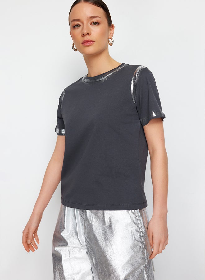 trendyol Anthracite Gilded Loose/Comfortable Pattern Knitted T-Shirt - Image 1